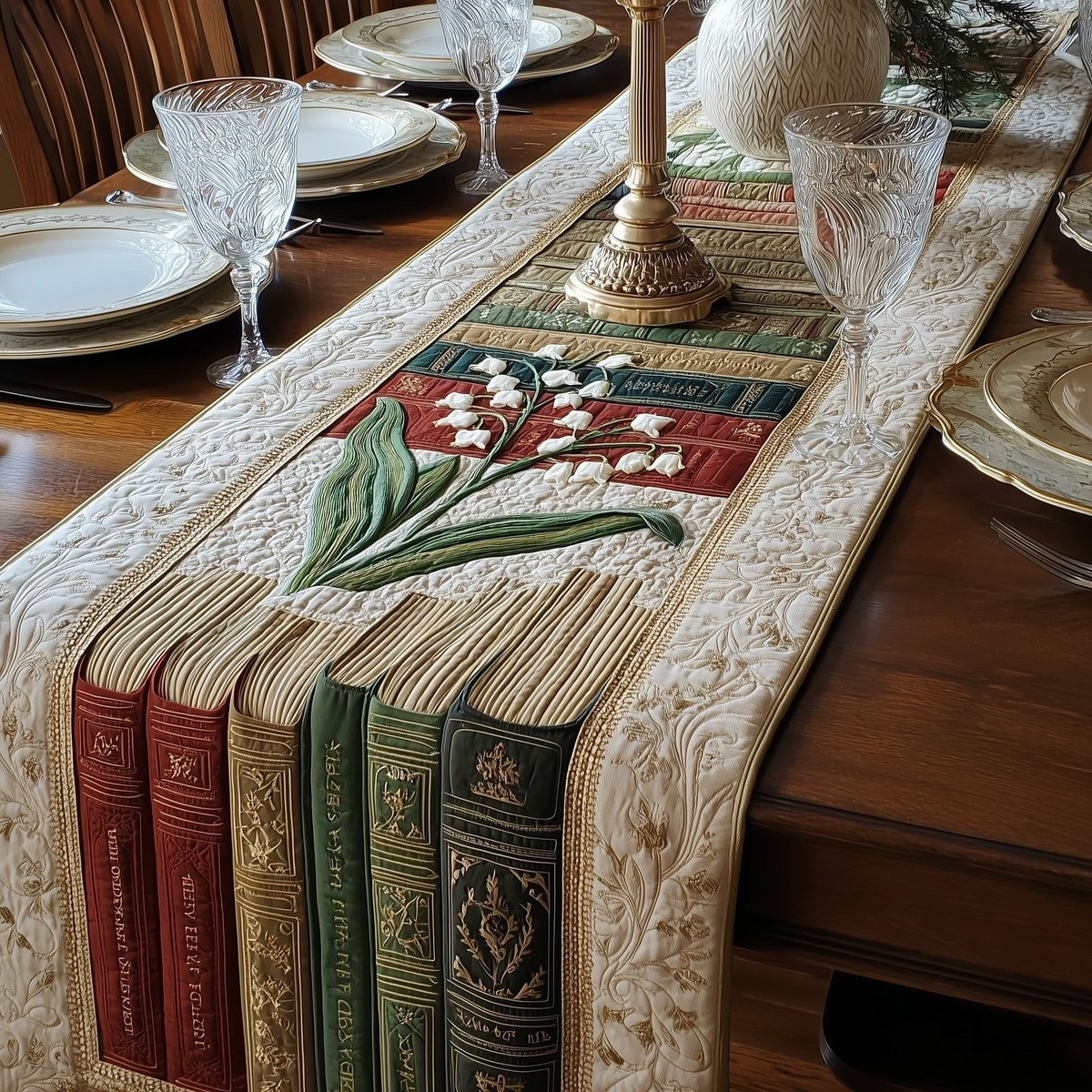 Books with Lily of the Valley Sprigs Table Runner - Made to Order TABLE928