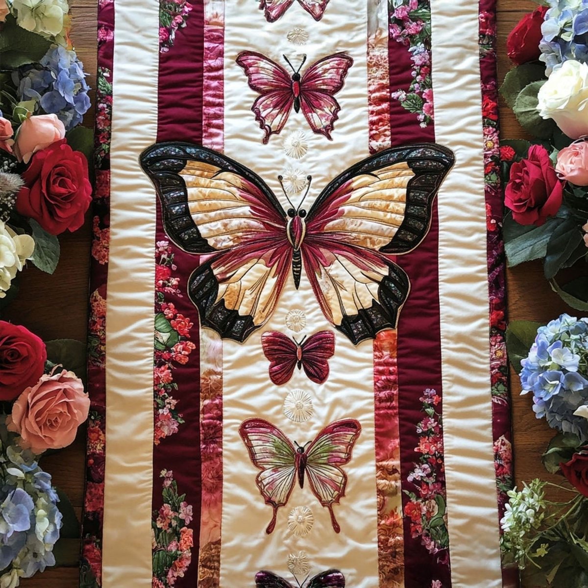 Butterflies on Red and Cream Stripes Table Runner - Made to Order TABLE928