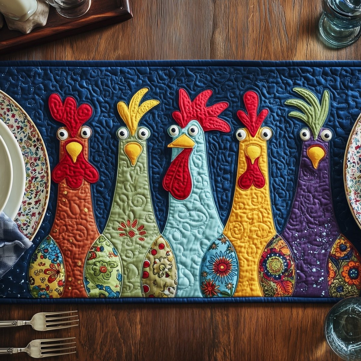 Bright Roosters on Dark Blue Table Runner - Made to Order TABLE928