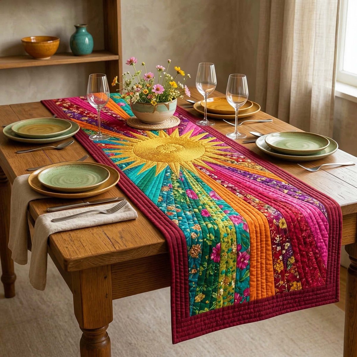 Bright Sunburst on Rainbow Patchwork Table Runner - Made to Order TABLE928