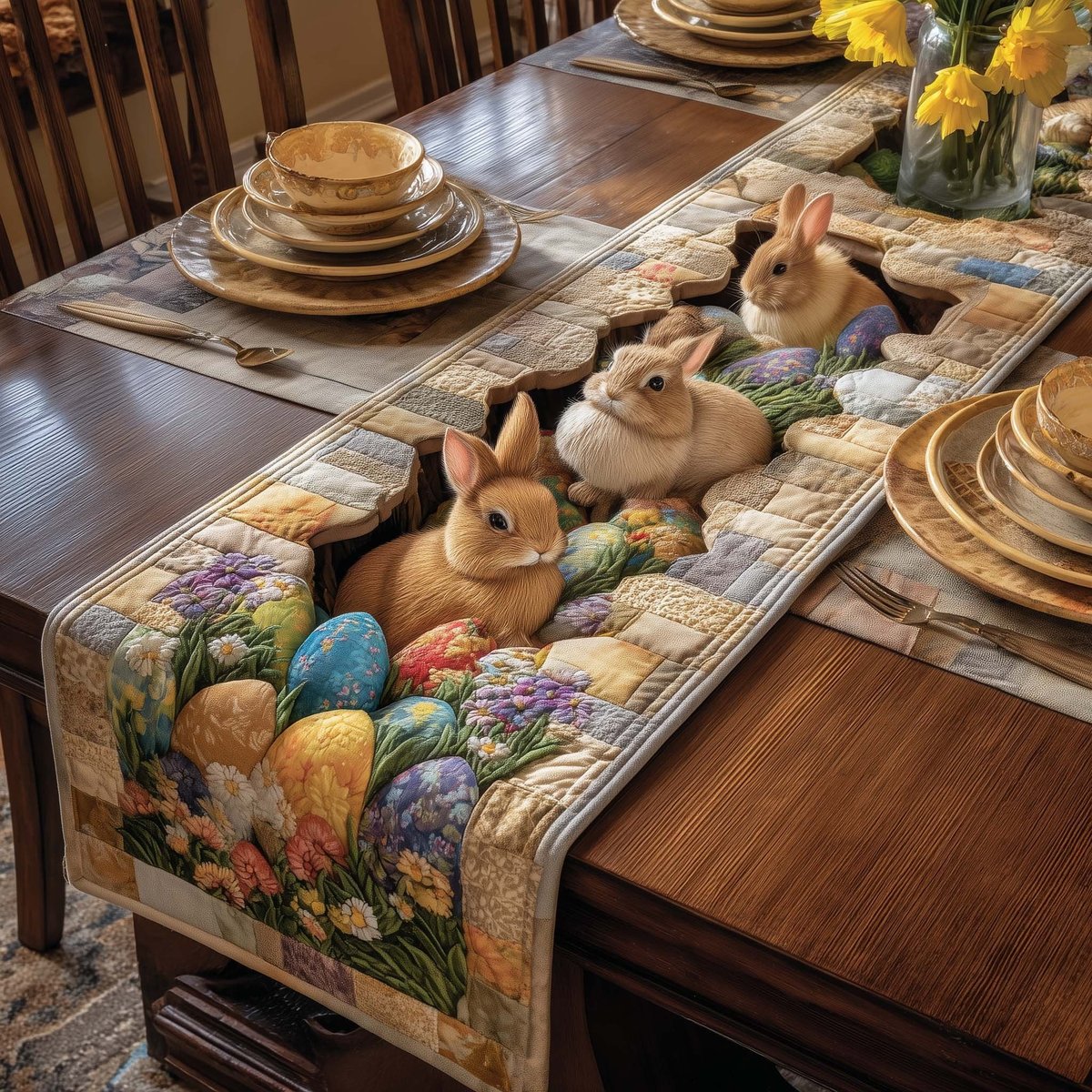 Brown Rabbits with Easter Eggs Table Runner - Made to Order TABLE928
