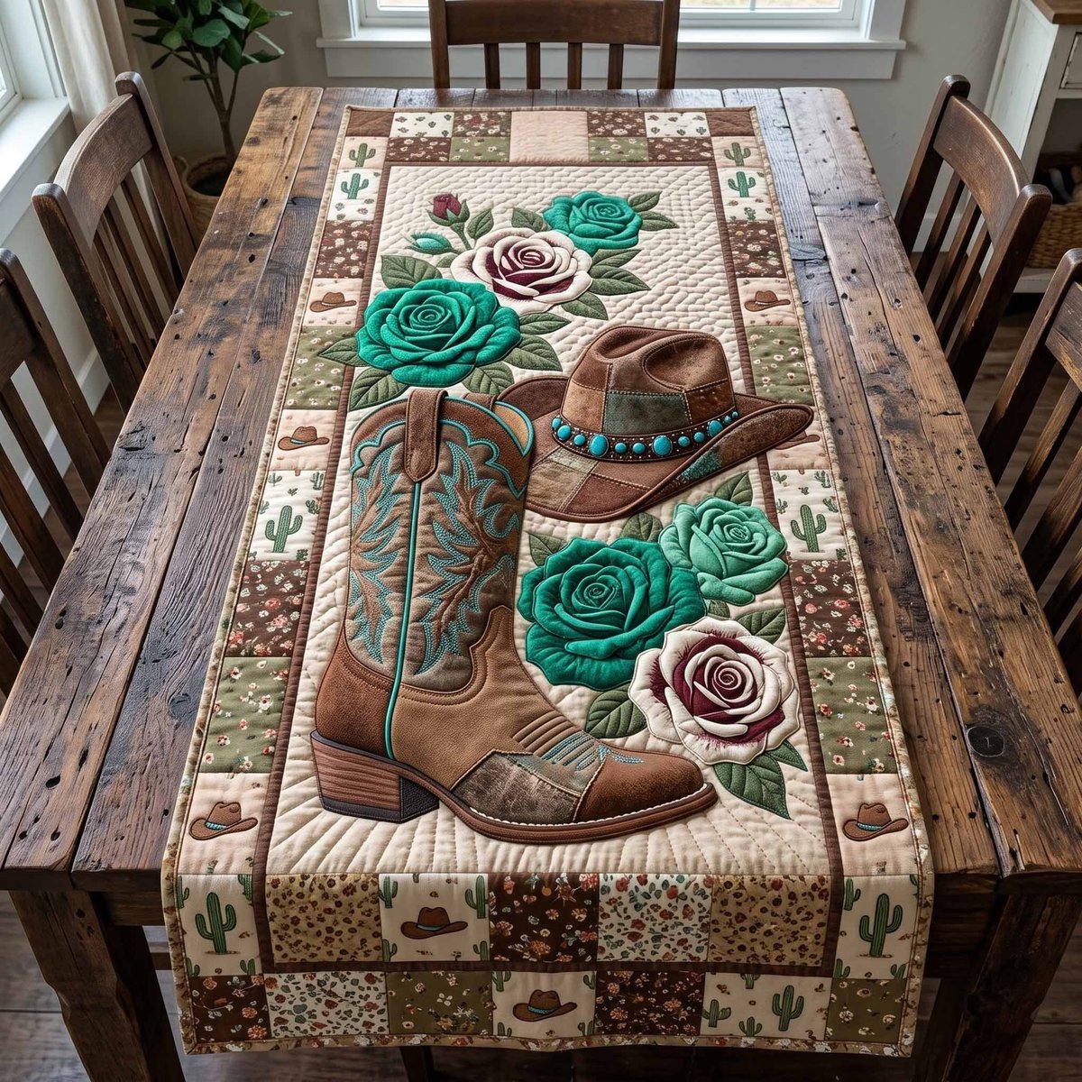 Boots and Hat with Turquoise Roses Table Runner - Made to Order TABLE928