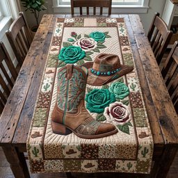 Boots and Hat with Turquoise Roses Table Runner - Made to Order TABLE928