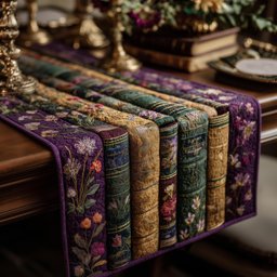 Books with Flowers on Purple Table Runner - Made to Order TABLE928