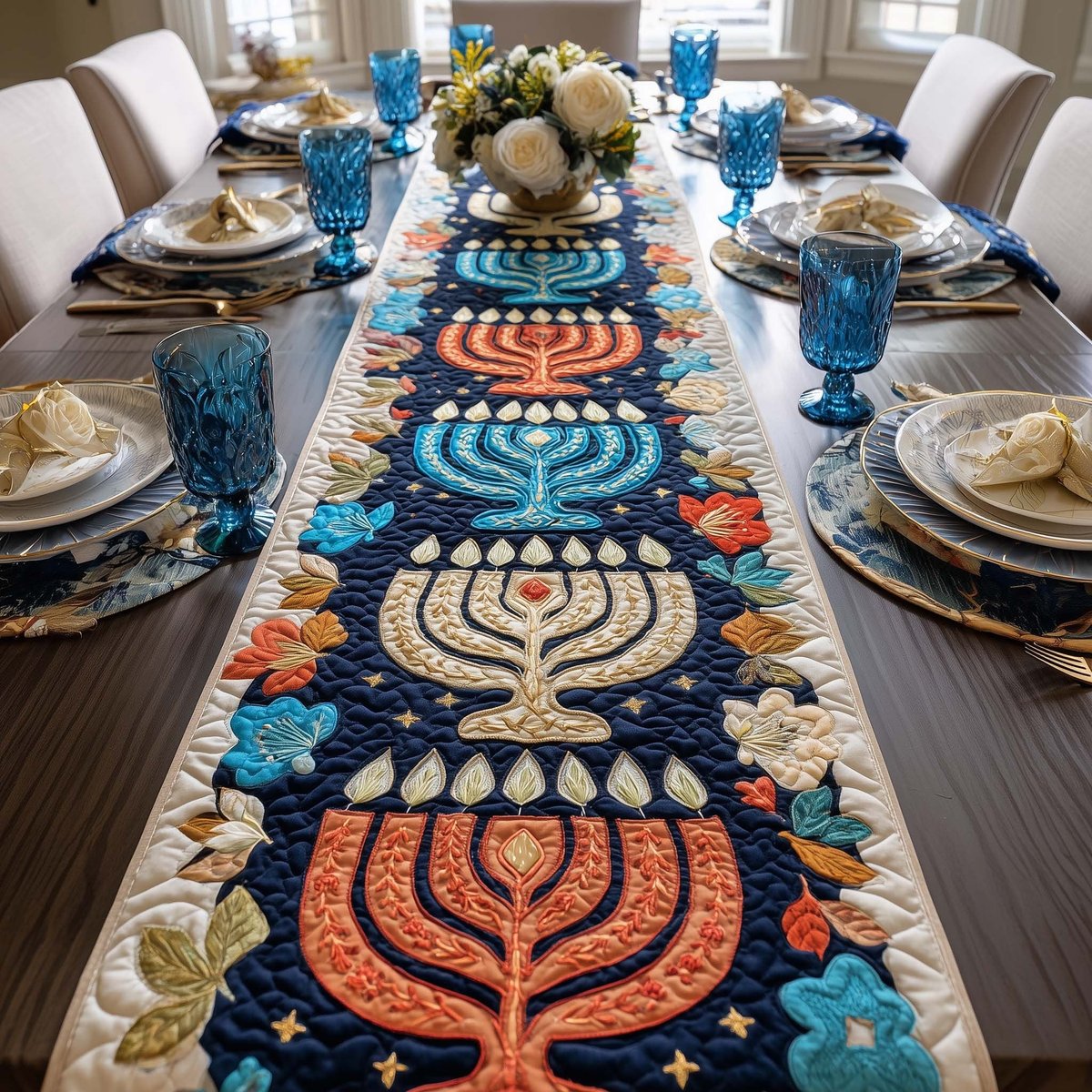 Bright Menorahs on Navy Center Table Runner - Made to Order TABLE928