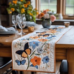 Butterflies with Blue Flowers on Cream Table Runner - Made to Order TABLE928