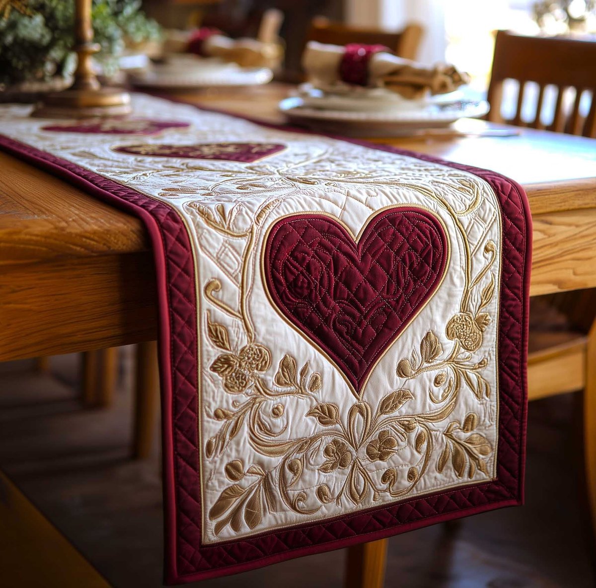 Burgundy Heart on Cream Table Runner - Made to Order TABLE928