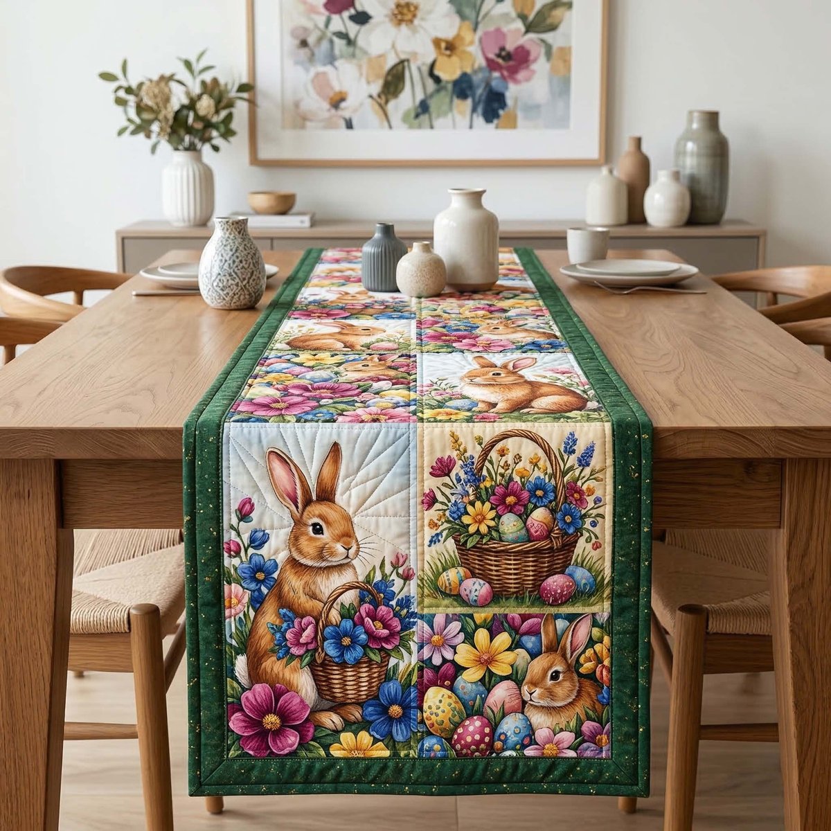 Bunny and Egg Basket Squares Table Runner - Made to Order TABLE928