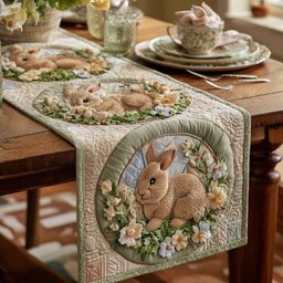 Bunny in Floral Arch on Sage Table Runner - Made to Order TABLE928