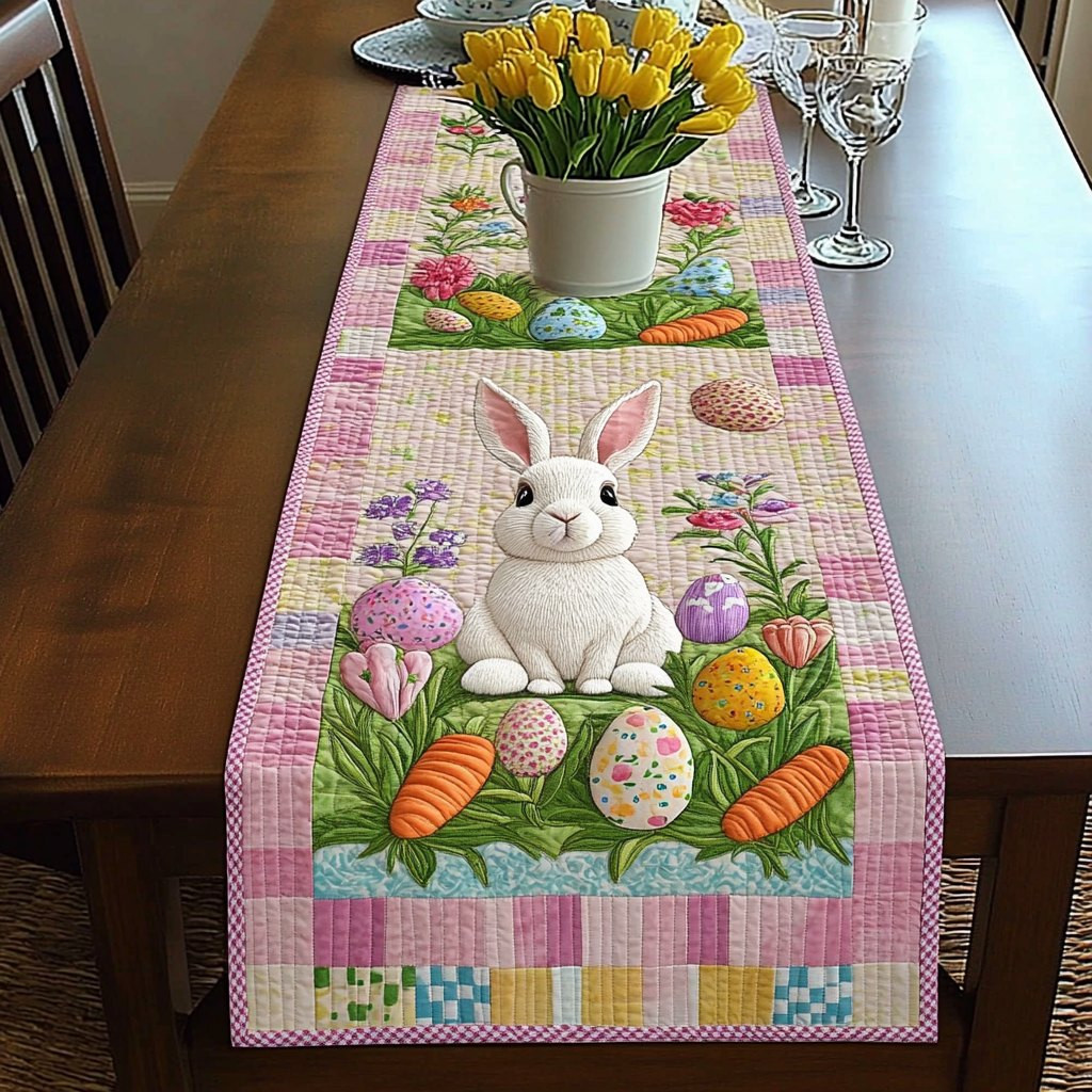 Bunny with Carrots on Pink Checks Table Runner - Made to Order TABLE928