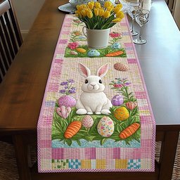 Bunny with Carrots on Pink Checks Table Runner - Made to Order TABLE928