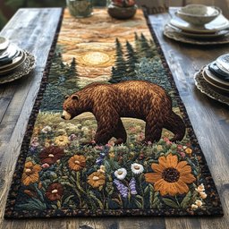 Brown Bear in a Wildflower Meadow Table Runner - Made to Order TABLE928