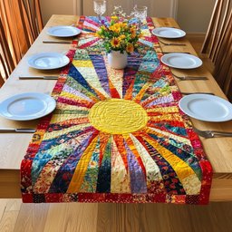 Bright Sun over Patchwork Strips Table Runner - Made to Order TABLE928