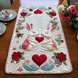 Bunnies with Red Hearts and Pink Blossoms Table Runner - Made to Order TABLE928
