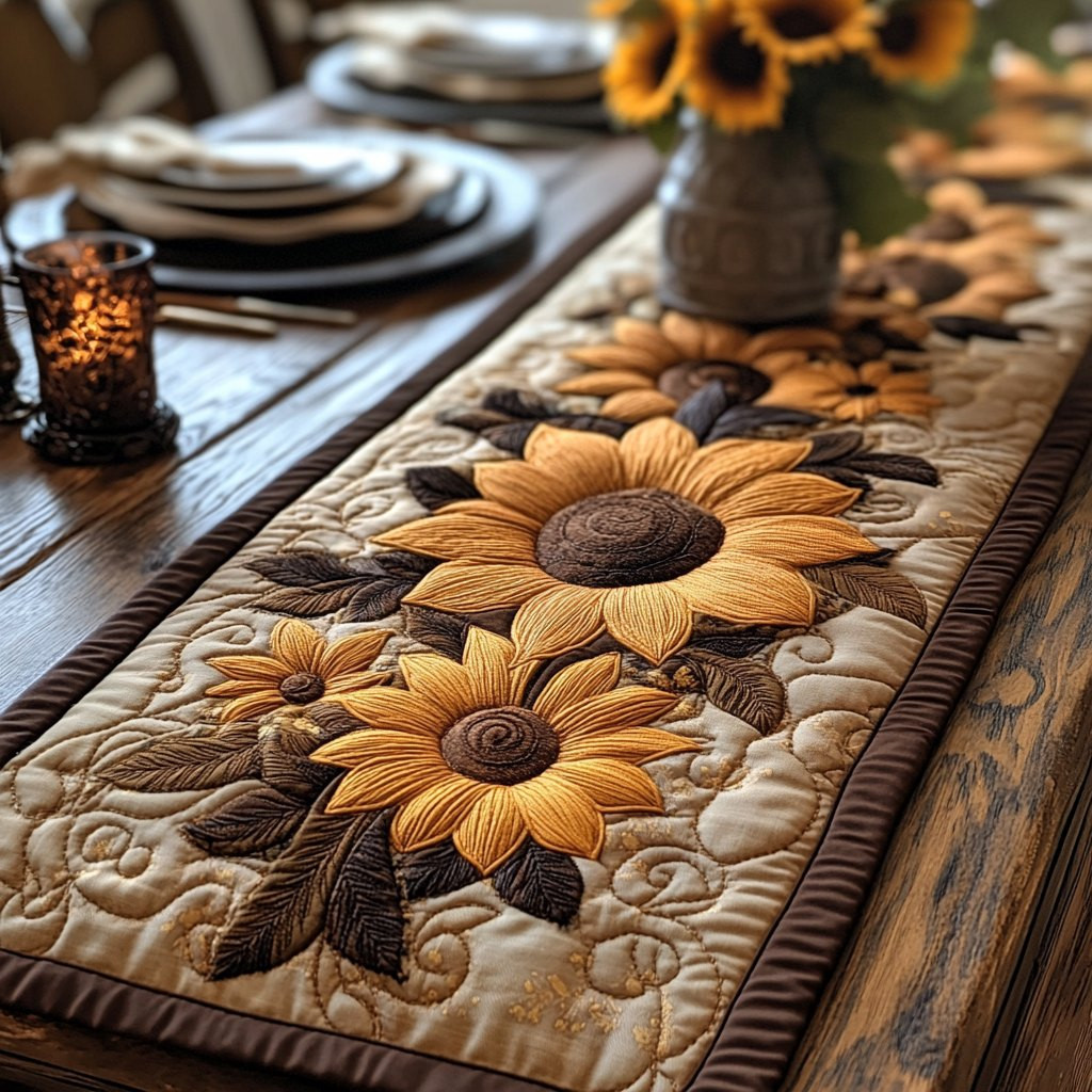 Brown Toned Sunflowers on Cream Table Runner - Made to Order TABLE928