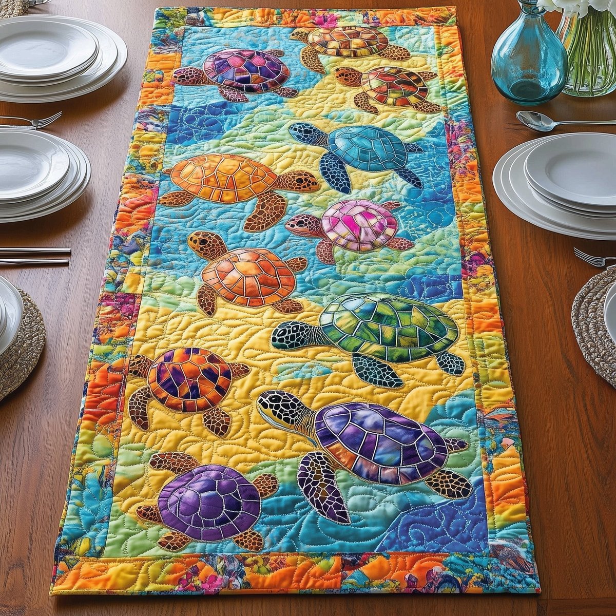 Bright Turtles on Yellow Reef Table Runner - Made to Order TABLE928