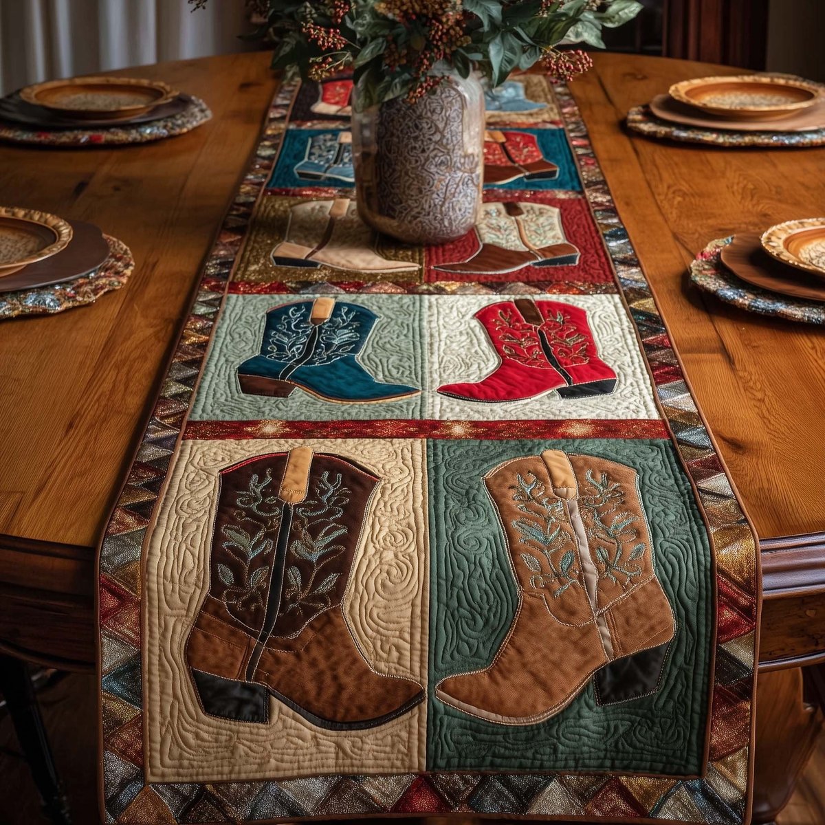Brown and Teal Cowboy Boots Table Runner - Made to Order TABLE928