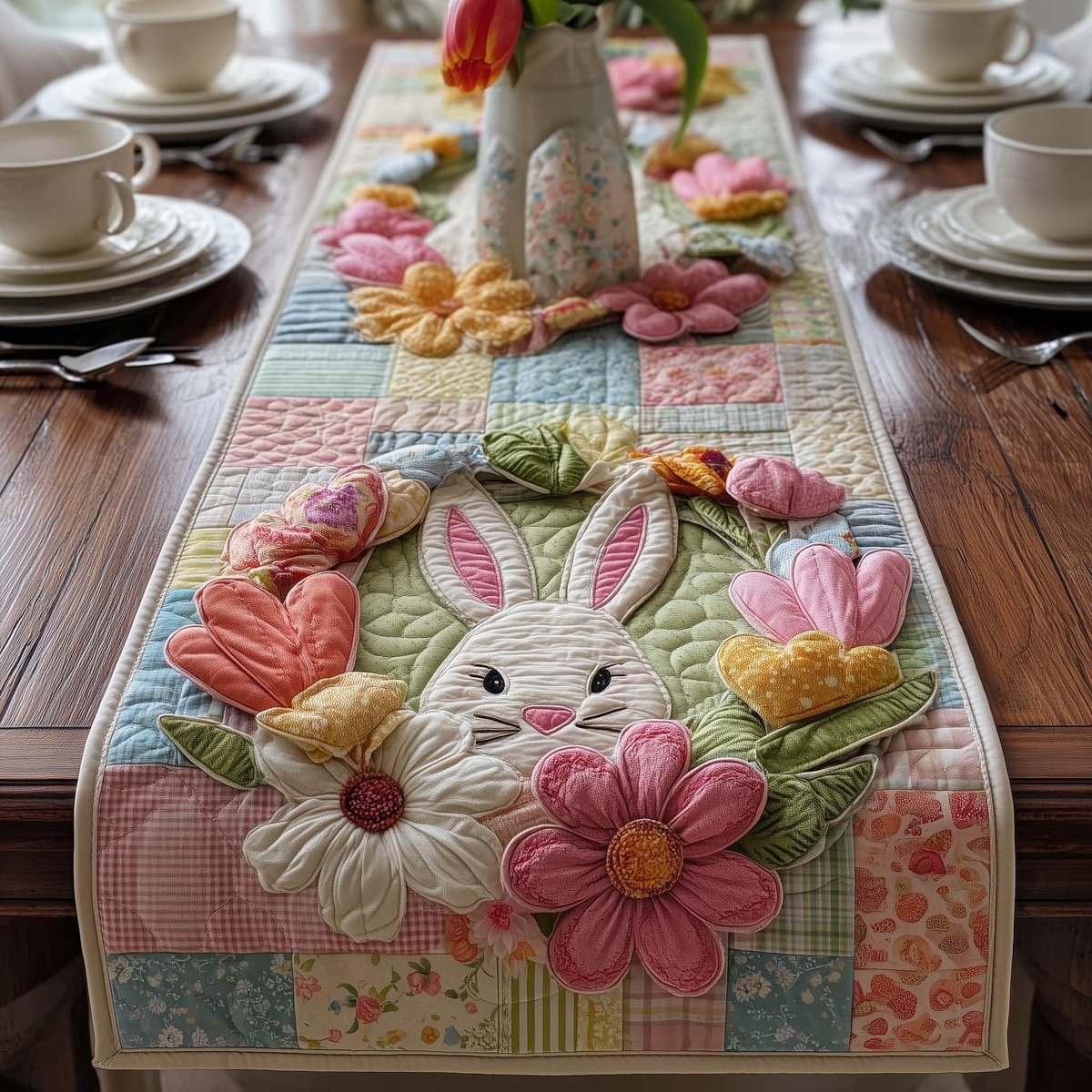 Bunny Face with Pastel Flowers Table Runner - Made to Order TABLE928