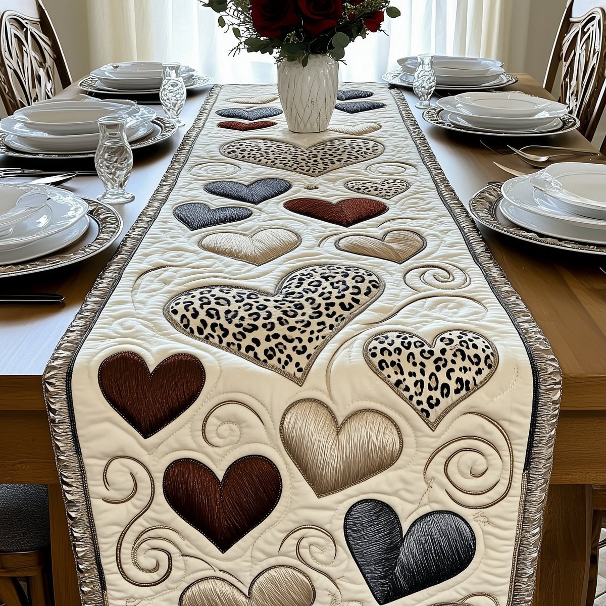 Brown and Spotted Hearts on Cream Table Runner - Made to Order TABLE928