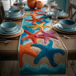 Bright Starfish on Teal Water Table Runner - Made to Order TABLE928