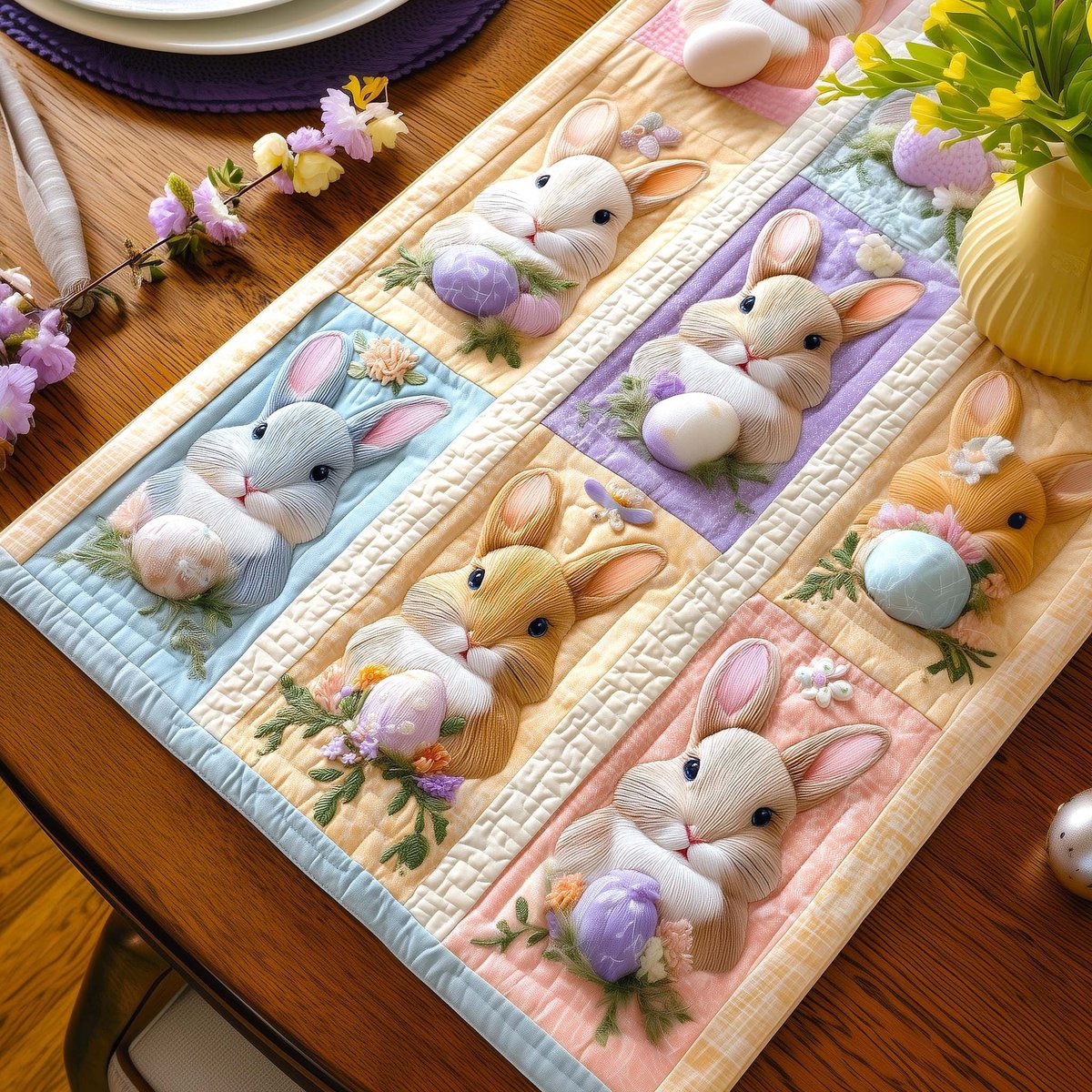 Bunnies in Pastel Pane Squares Table Runner - Made to Order TABLE928