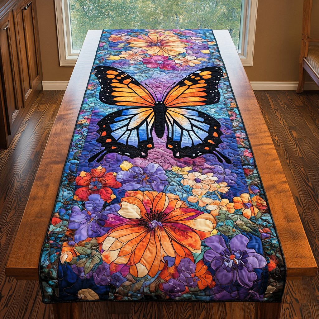 Butterfly with Purple and Orange Blooms Table Runner - Made to Order TABLE928