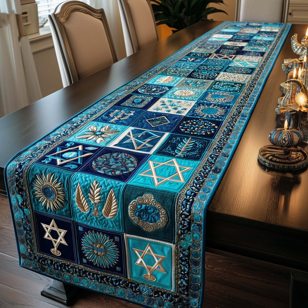 Bright Teal Star of David Squares Table Runner - Made to Order TABLE928