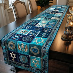 Bright Teal Star of David Squares Table Runner - Made to Order TABLE928