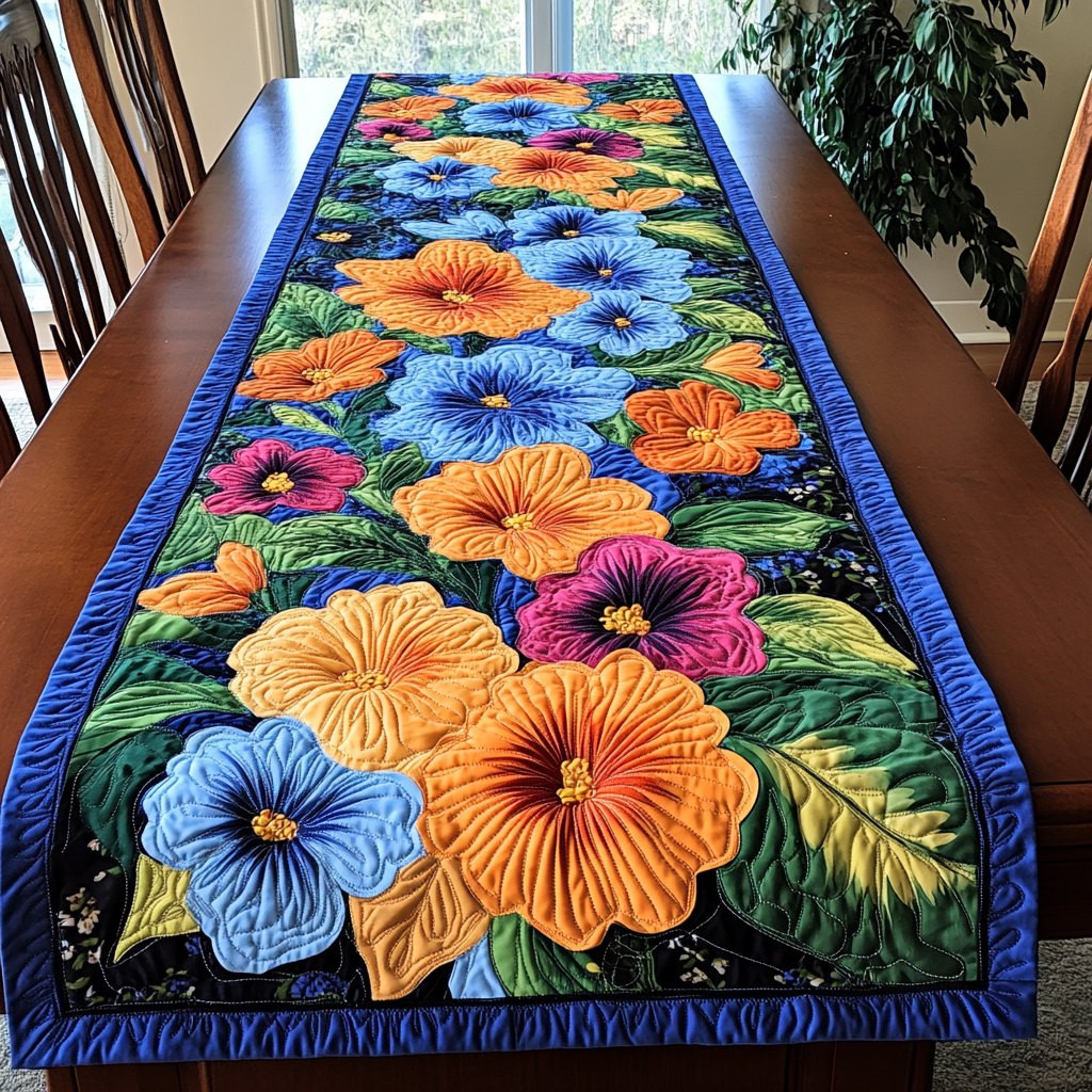 Bright Hibiscus and Blue Blooms Table Runner - Made to Order TABLE928