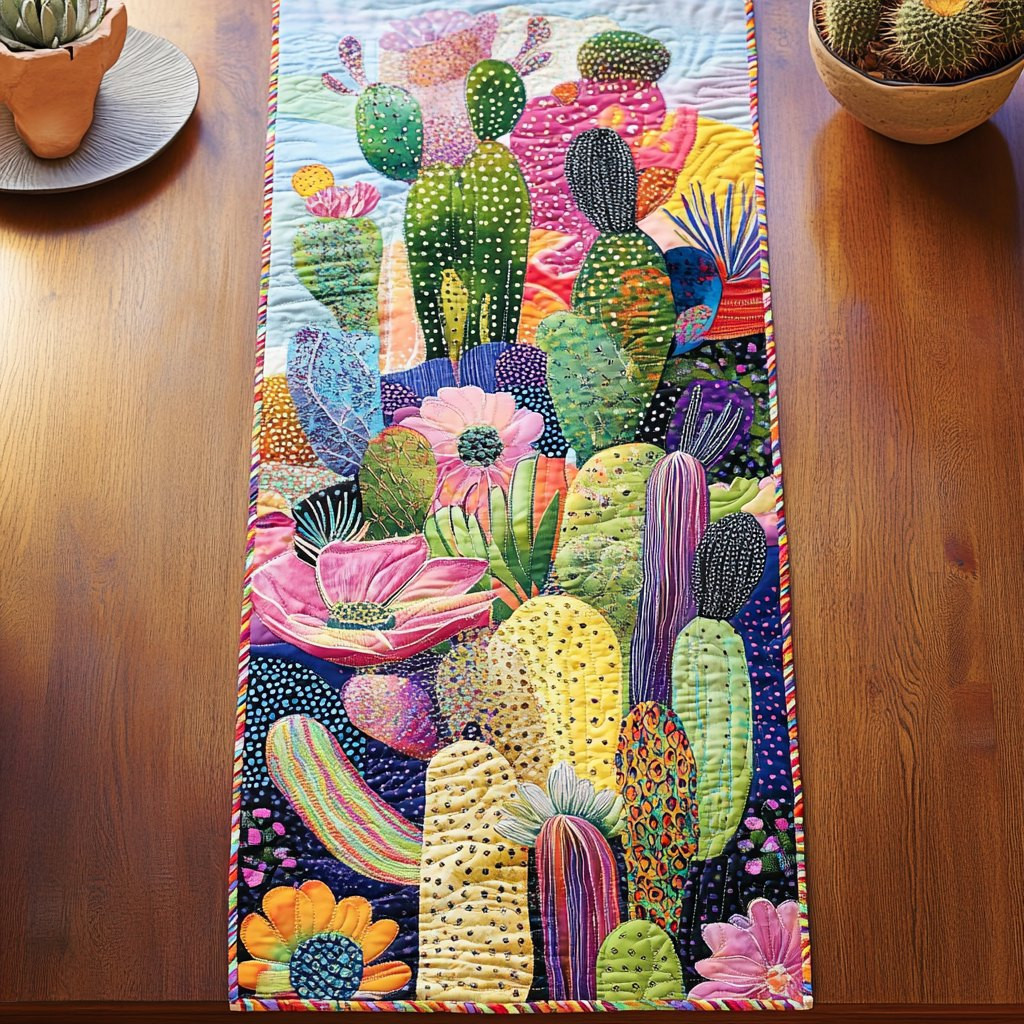 Cacti with Pink Flowers on Navy Table Runner - Made to Order TABLE928