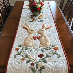 Bunny Pair with Red Bow and Vines Table Runner - Made to Order TABLE928