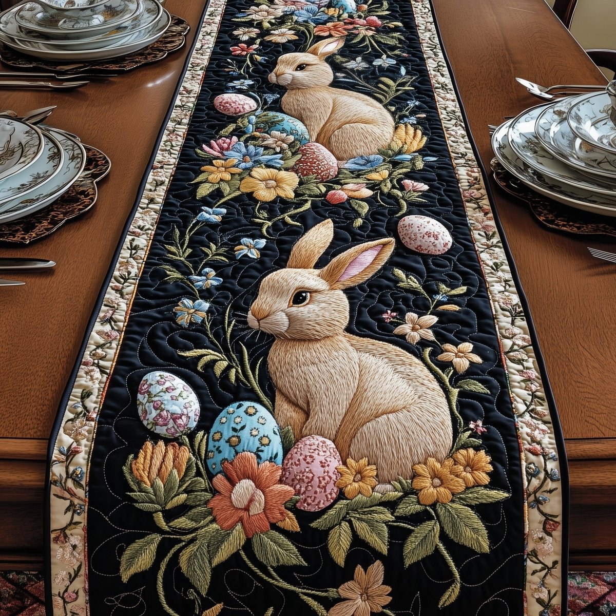 Bunny with Eggs on Dark Floral Table Runner - Made to Order TABLE928