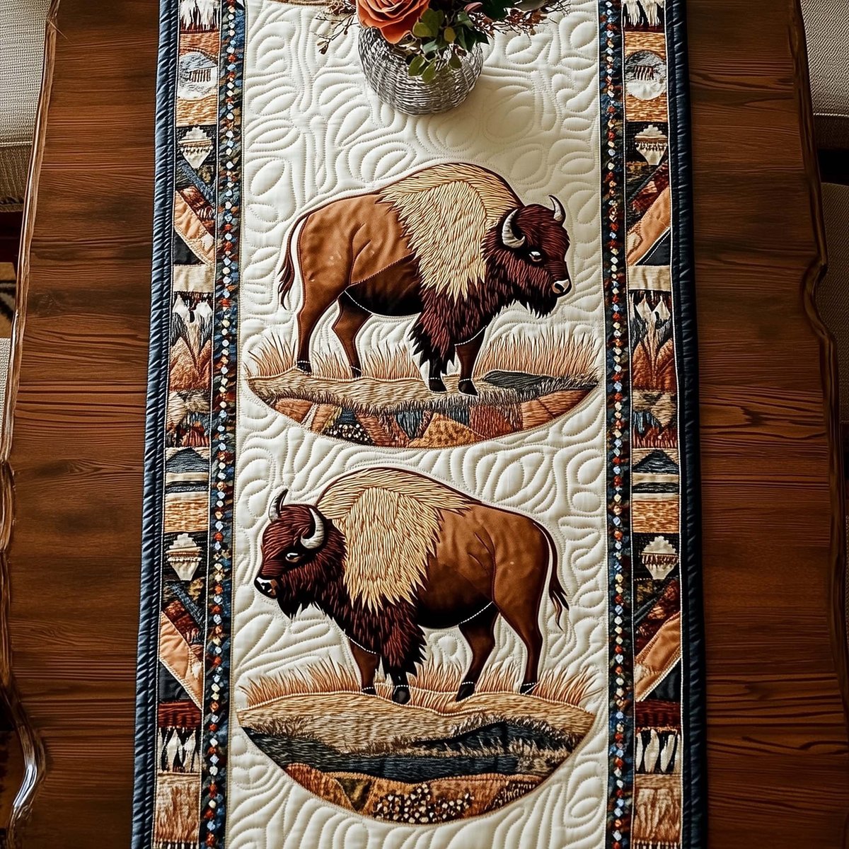 Brown Bison in Cream Ovals Table Runner - Made to Order TABLE928
