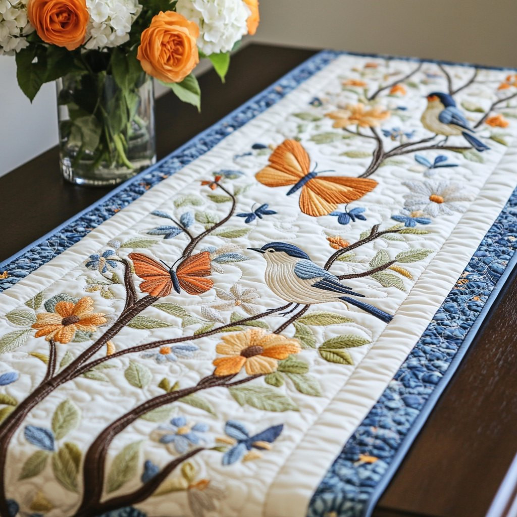 Butterflies and Bird on a Branch Table Runner - Made to Order TABLE928