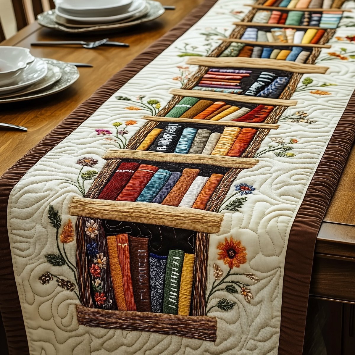 Bookshelf with Sunflowers on Cream Table Runner - Made to Order TABLE928