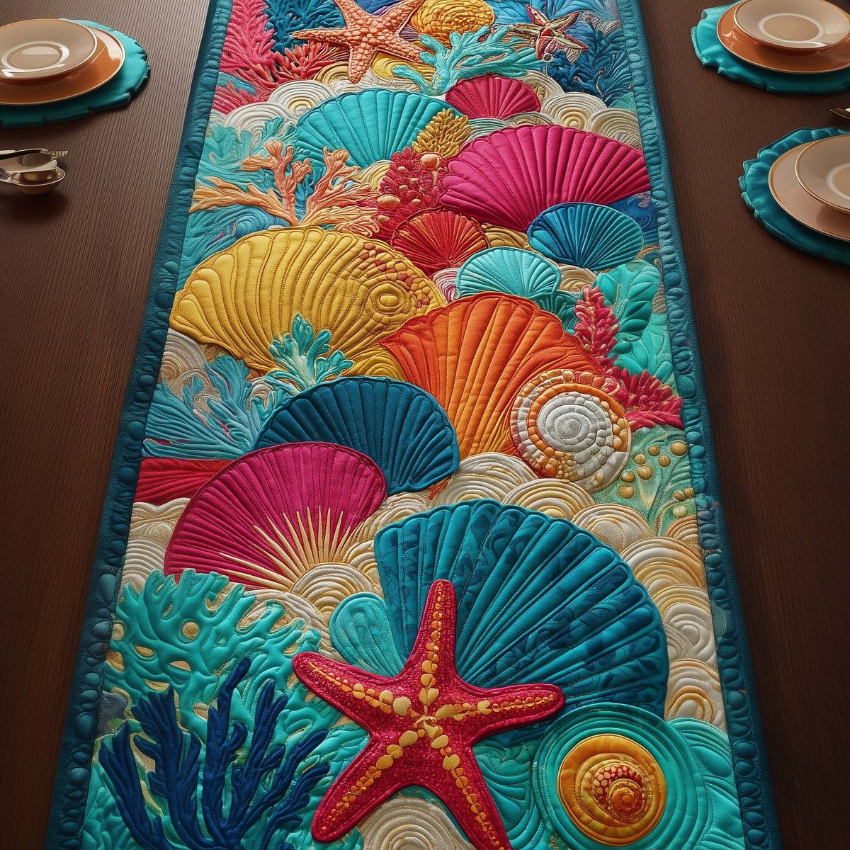 Bright Coral Fans with Red Starfish Table Runner - Made to Order TABLE928