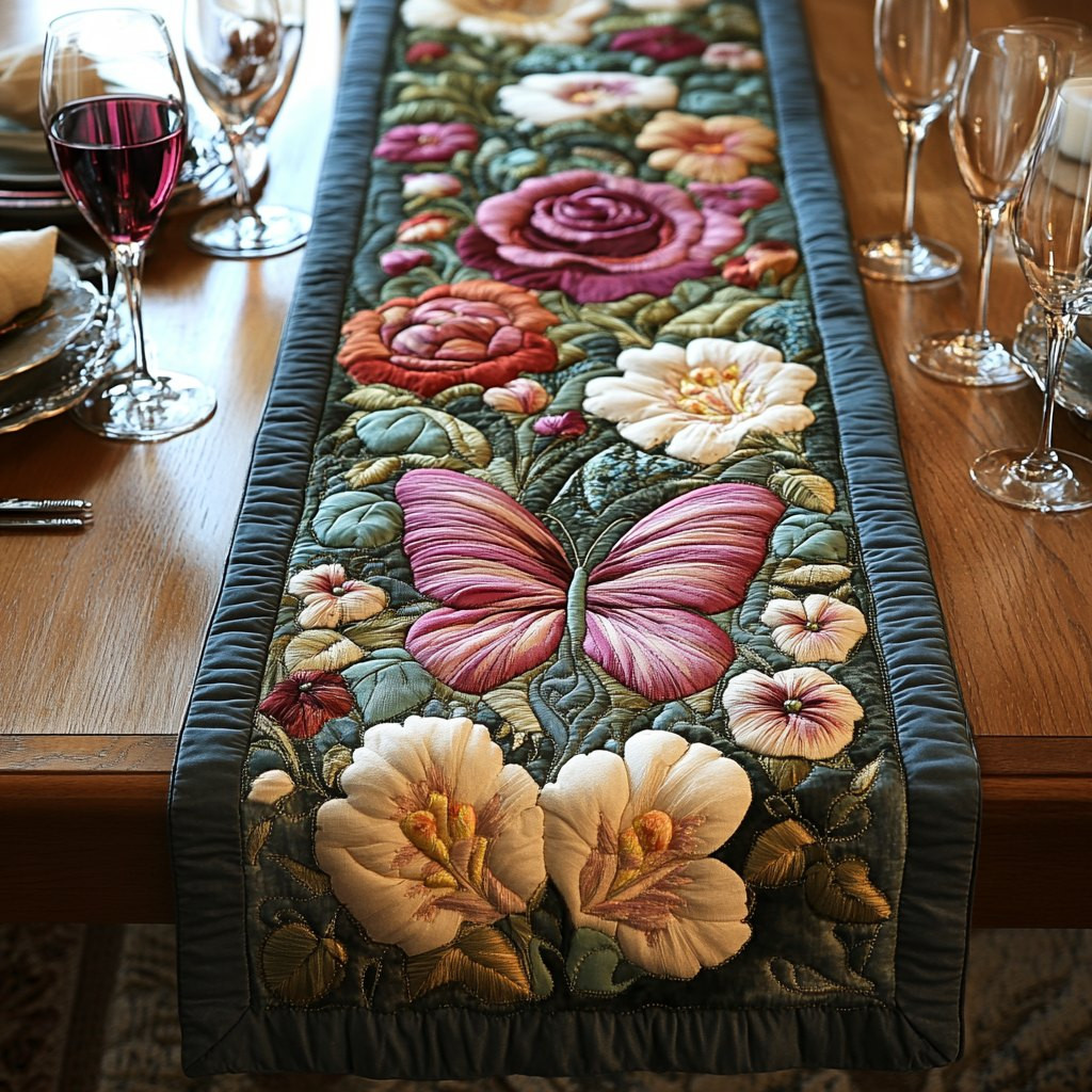 Butterfly with Flowers on Green Table Runner - Made to Order TABLE928