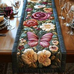 Butterfly with Flowers on Green Table Runner - Made to Order TABLE928