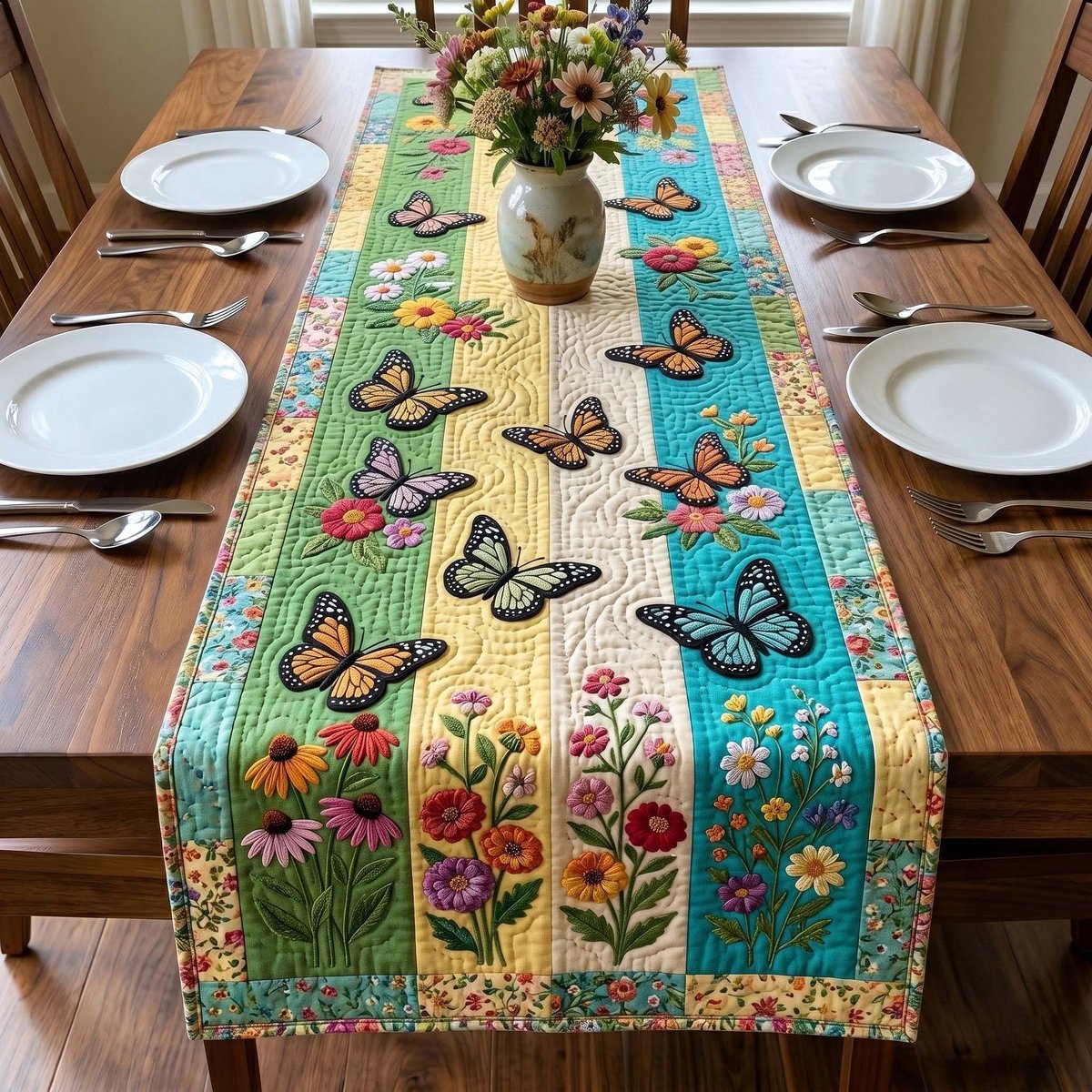 Butterflies on Green and Yellow Stripes Table Runner - Made to Order TABLE928