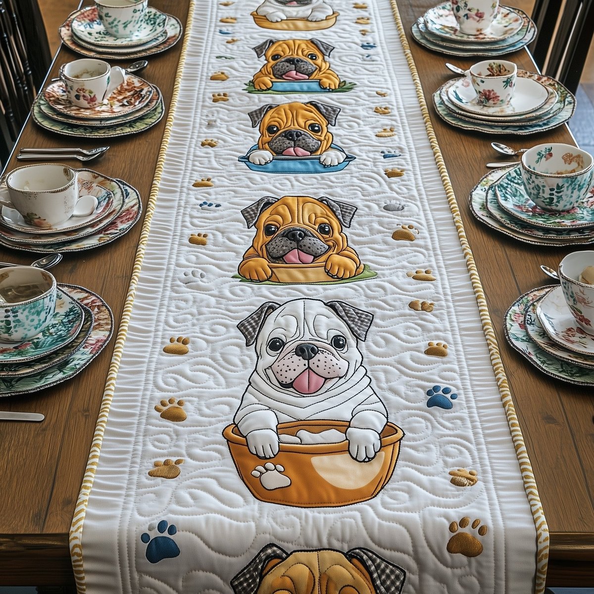Bulldogs with Steaming Cups Table Runner - Made to Order TABLE928