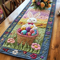 Bunny with an Egg Basket on Green Table Runner - Made to Order TABLE928