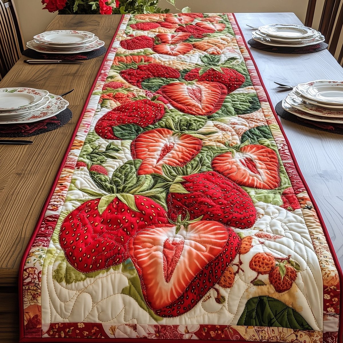 Bright Strawberries with Red Trim Table Runner - Made to Order TABLE928
