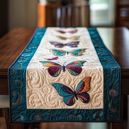Bright Butterflies on Swirled Cream Table Runner - Made to Order TABLE928