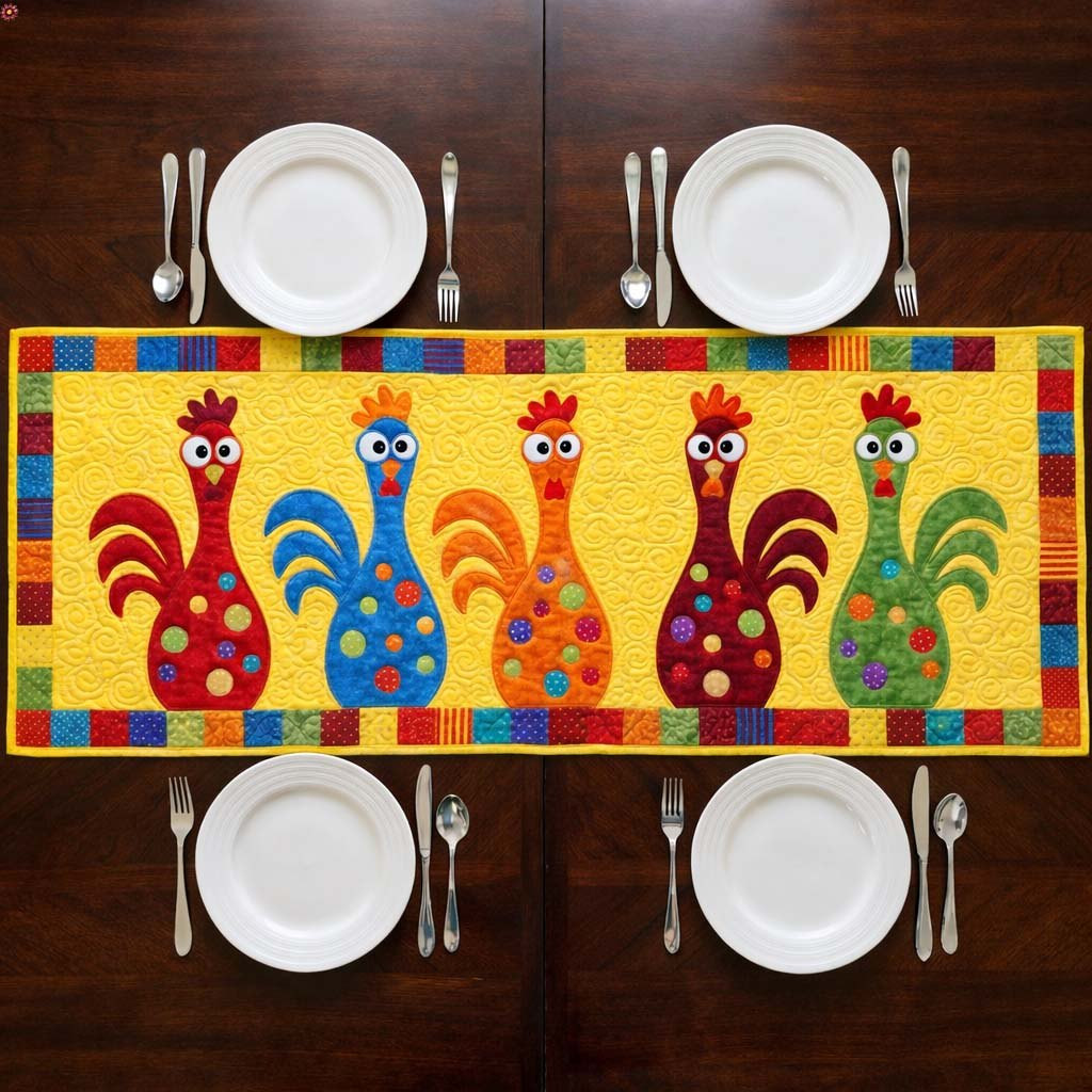 Bright Roosters on Yellow Panel Table Runner - Made to Order TABLE928