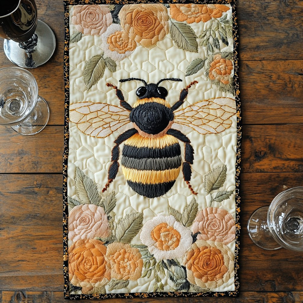 Bumblebee with Pale Peach Blooms Table Runner - Made to Order TABLE928