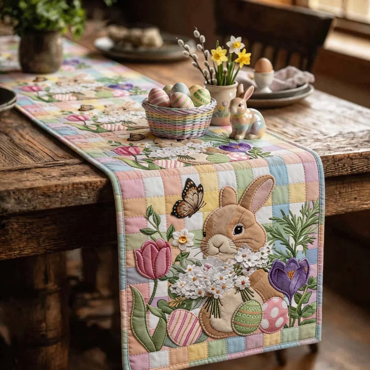 Bunny with Crocus and Eggs Table Runner - Made to Order TABLE928