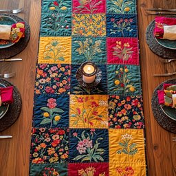 Botanical Squares in Bright Patchwork Table Runner - Made to Order TABLE928