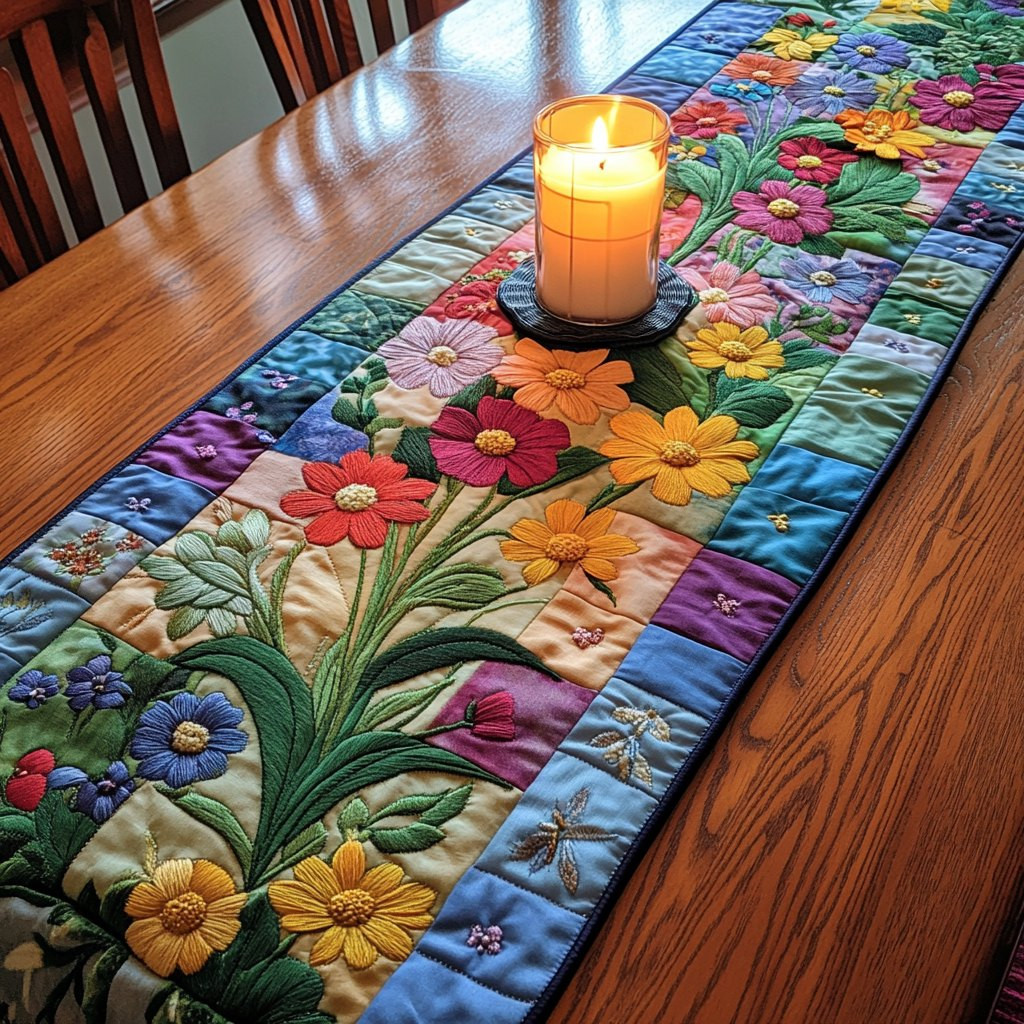Bright Garden Blooms on Teal Table Runner - Made to Order TABLE928