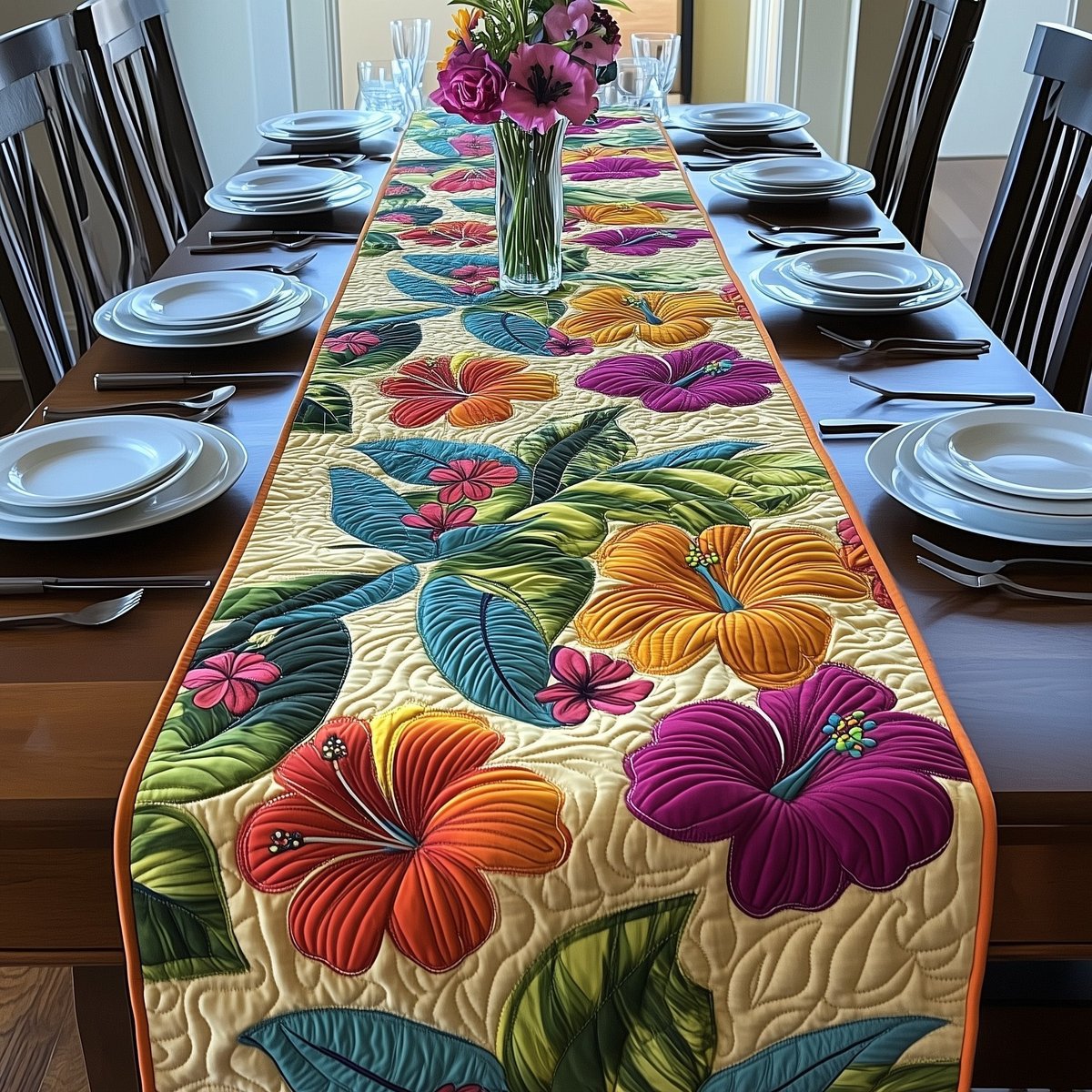 Bright Hibiscus Blossoms and Tropical Leaves Table Runner - Made to Order TABLE928
