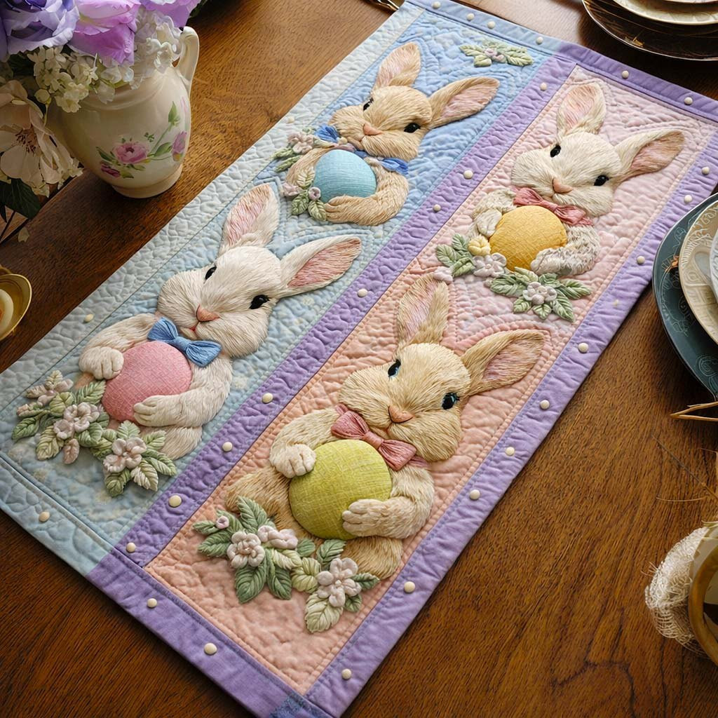 Bunnies with Eggs on Lavender Stripes Table Runner - Made to Order TABLE928